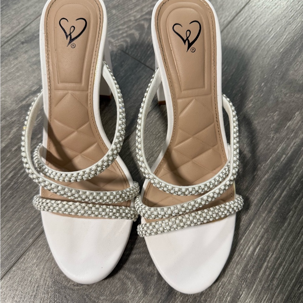White Beaded Women's Heels (3” Block)